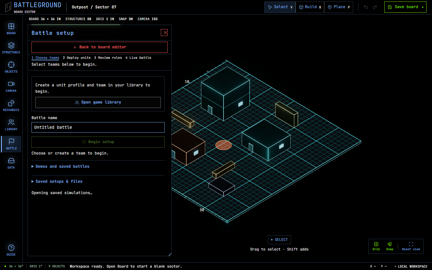 Battle setup panel beside a 3D battlefield in Battleground Builder