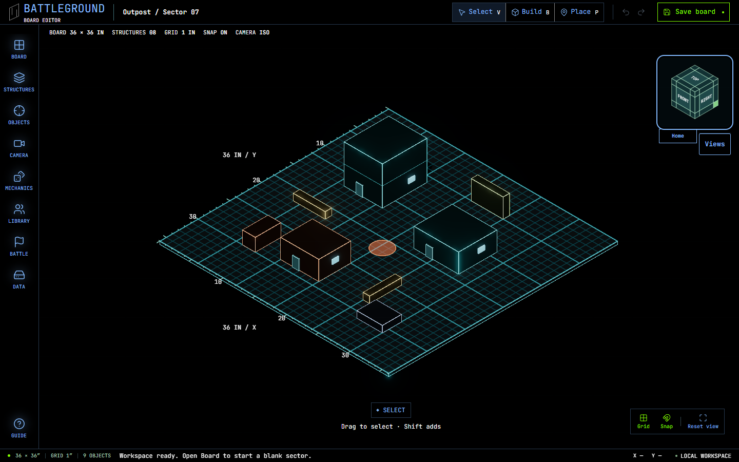 Battleground Builder's 3D board editor showing terrain, a multi-story structure, and the camera orientation cube